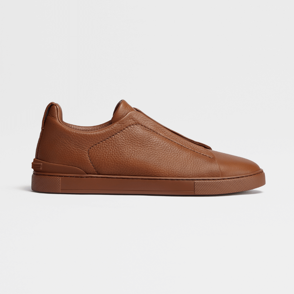 ZEGNA Triple Stitch Low Top Leather Cognac Brown