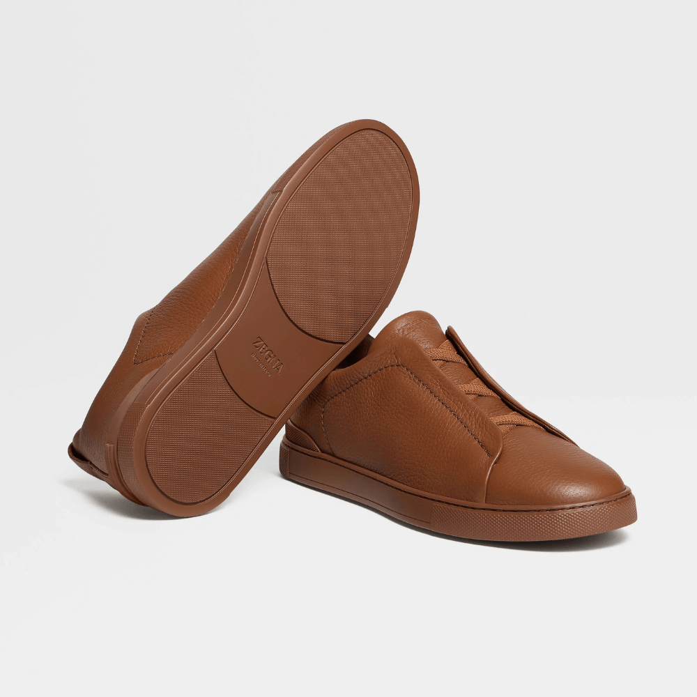 ZEGNA Triple Stitch Low Top Leather Cognac Brown