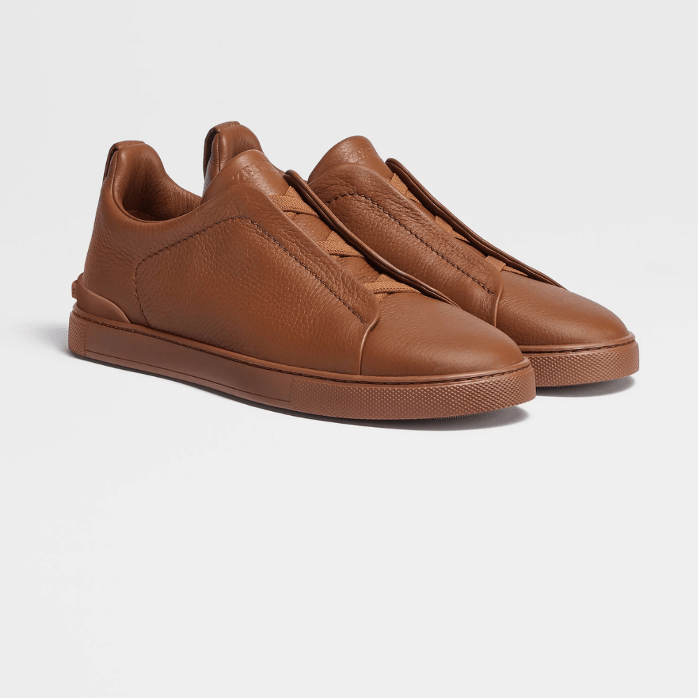 ZEGNA Triple Stitch Low Top Leather Cognac Brown