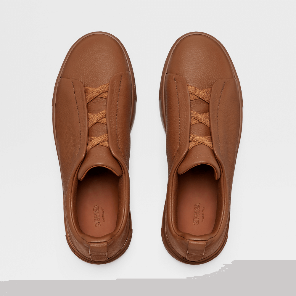 ZEGNA Triple Stitch Low Top Leather Cognac Brown