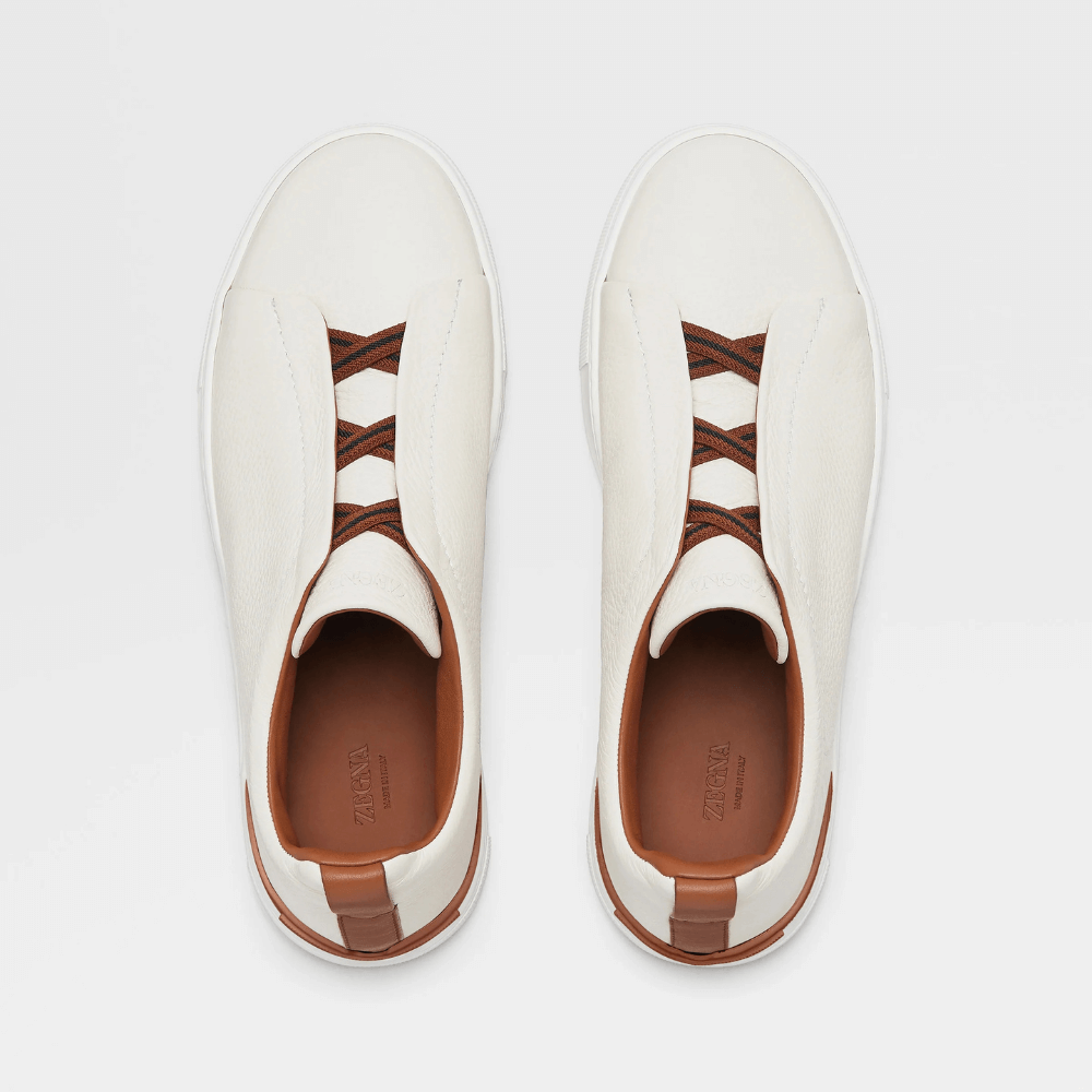 ZEGNA Triple Stitch Low Top Leather White  Cognac