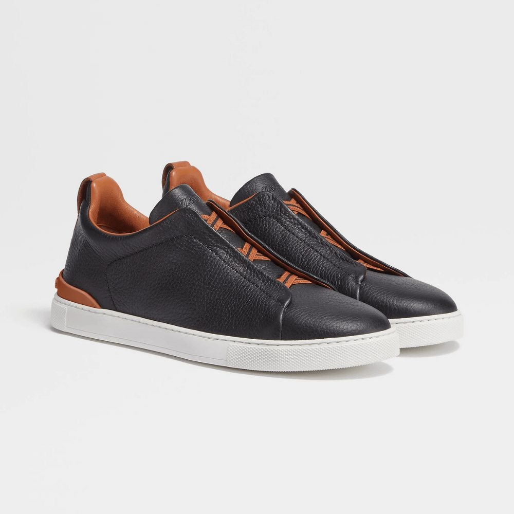 ZEGNA Triple Stitch Low Top Leather Black Cognac