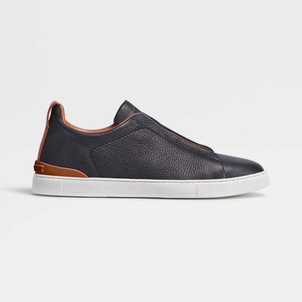 ZEGNA Triple Stitch Low Top Leather Black Cognac