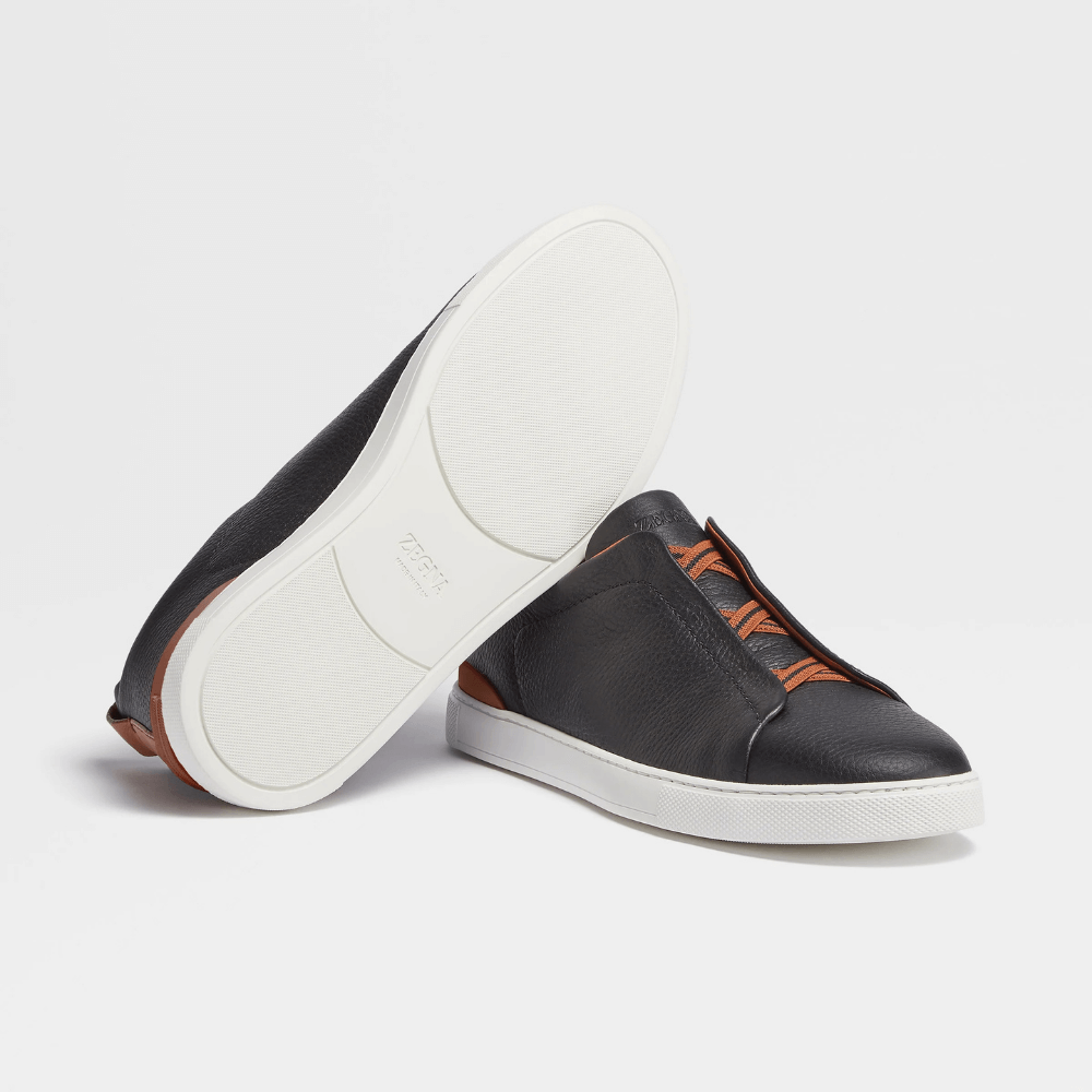 ZEGNA Triple Stitch Low Top Leather Black Cognac