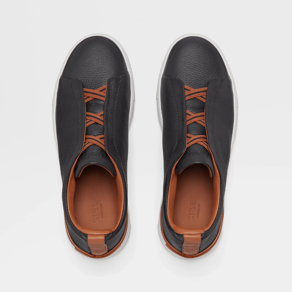 ZEGNA Triple Stitch Low Top Leather Black Cognac