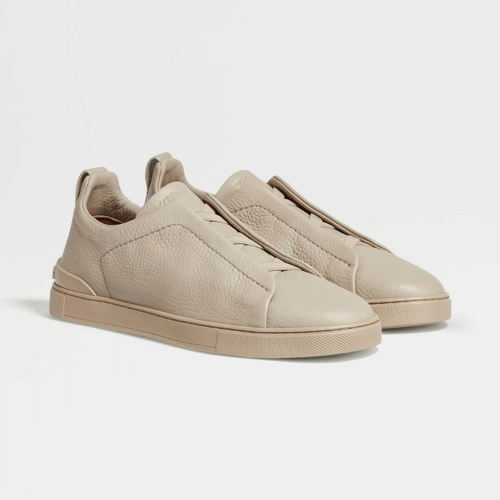 ZEGNA Triple Stitch Low Top Leather Shoes Beige Sand