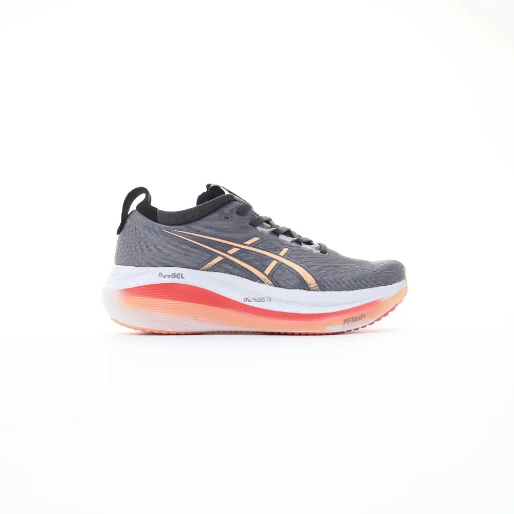 Asics Gel-Nimbus 27 running shoe unisex gray with orange sole
