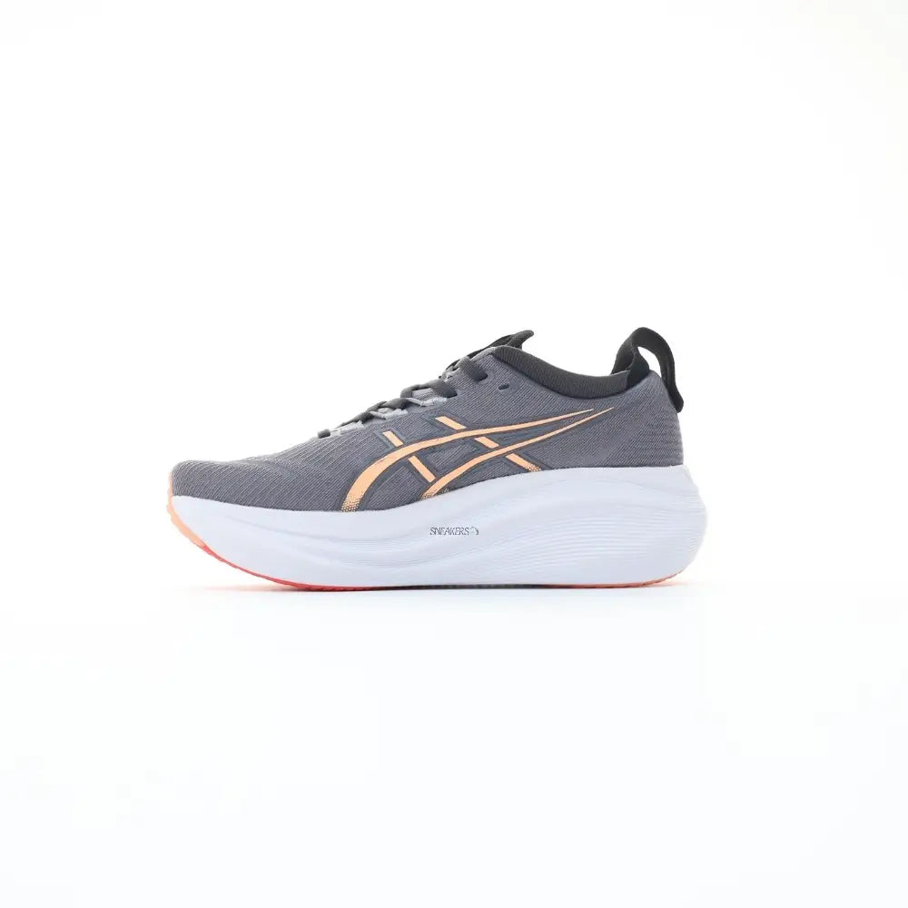 Asics Gel-Nimbus 27 running shoe unisex gray with orange sole