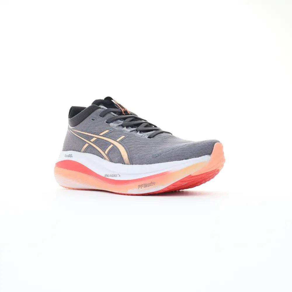 Asics Gel-Nimbus 27 running shoe unisex gray with orange sole